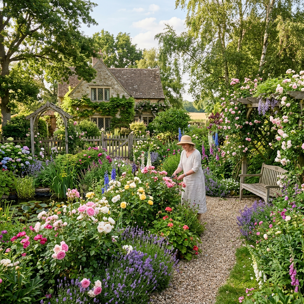 Woman tending flowers in a colorful cottage garden beside a stone house